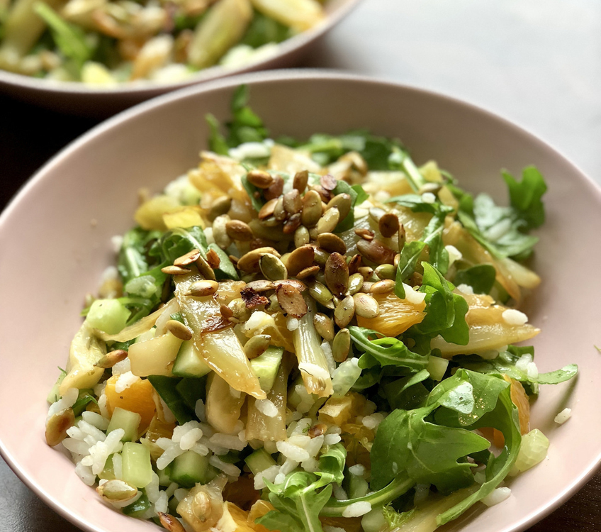 Summery Orange, Rucola and Rice Salad with Caramelised Fennel